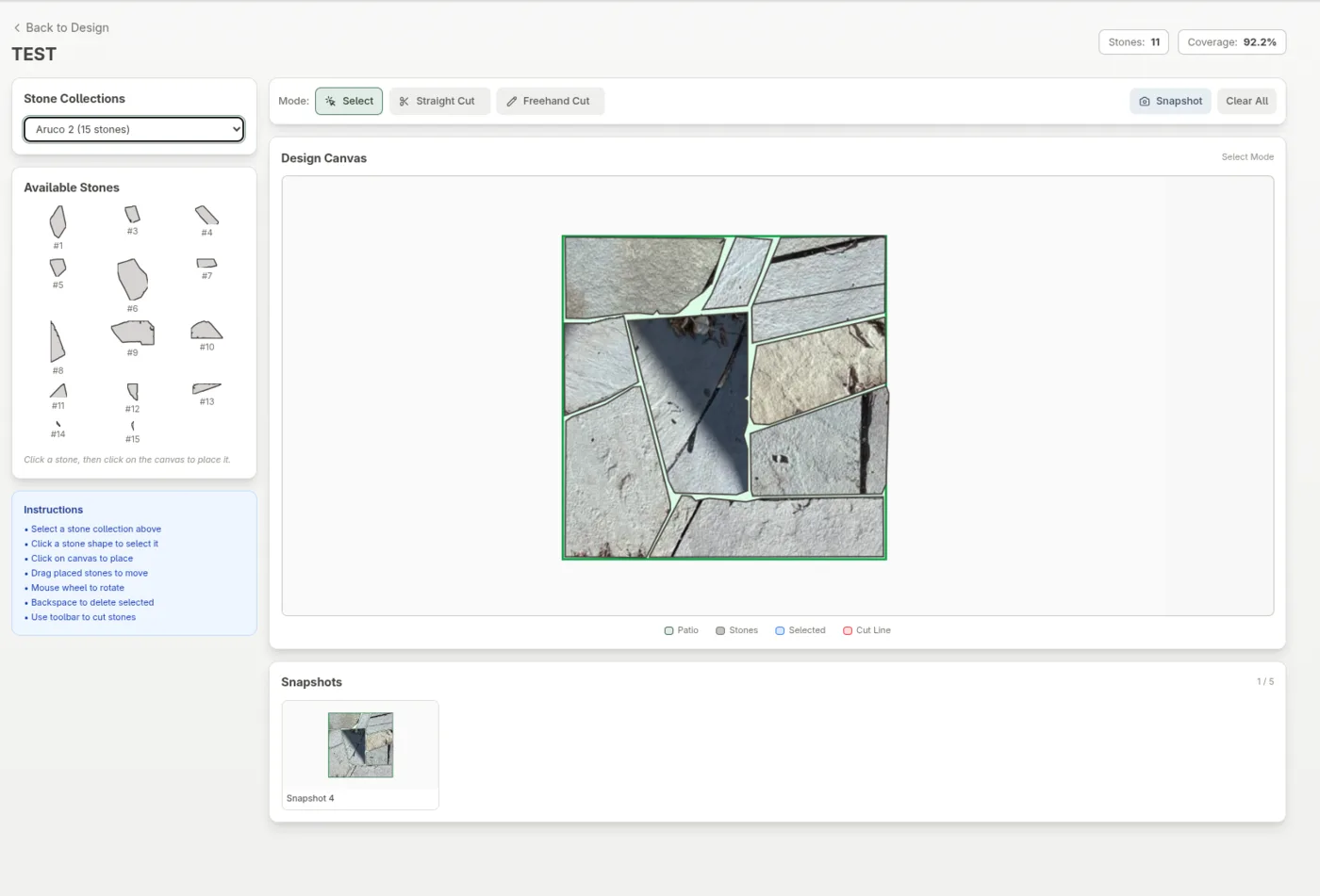 Hardscape Genius workspace arranging a customer's actual irregular stones into a patio layout