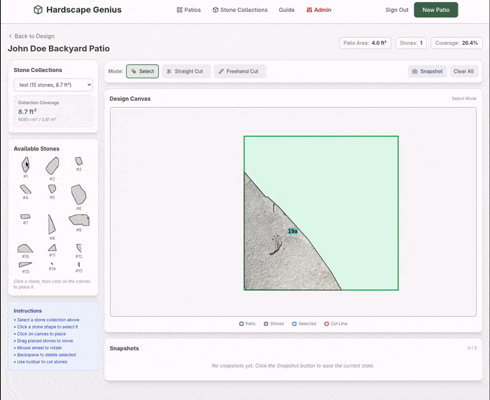 Hardscape Genius patio planner demonstrating stone placement and virtual cutting